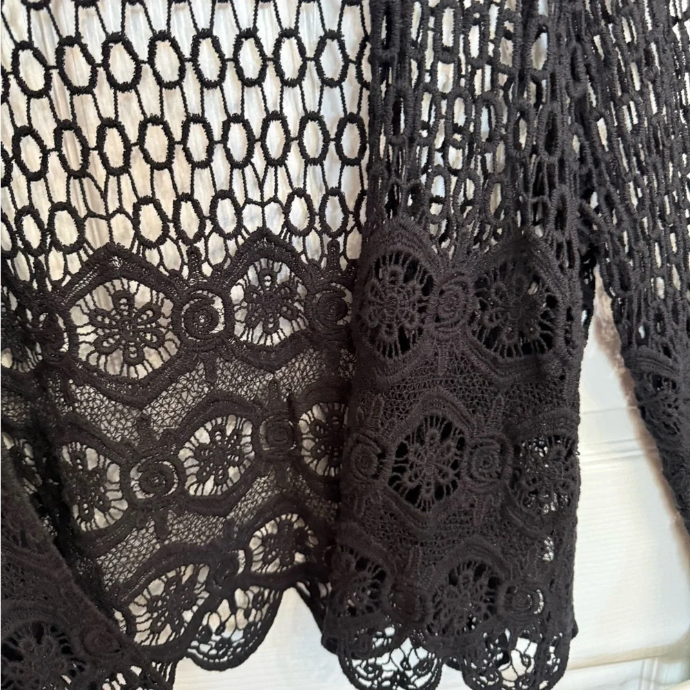 Forever 21 Black Crochet Lace Open Front Cardigan OS Festival Boho Grunge Fairy - Picture 2 of 5